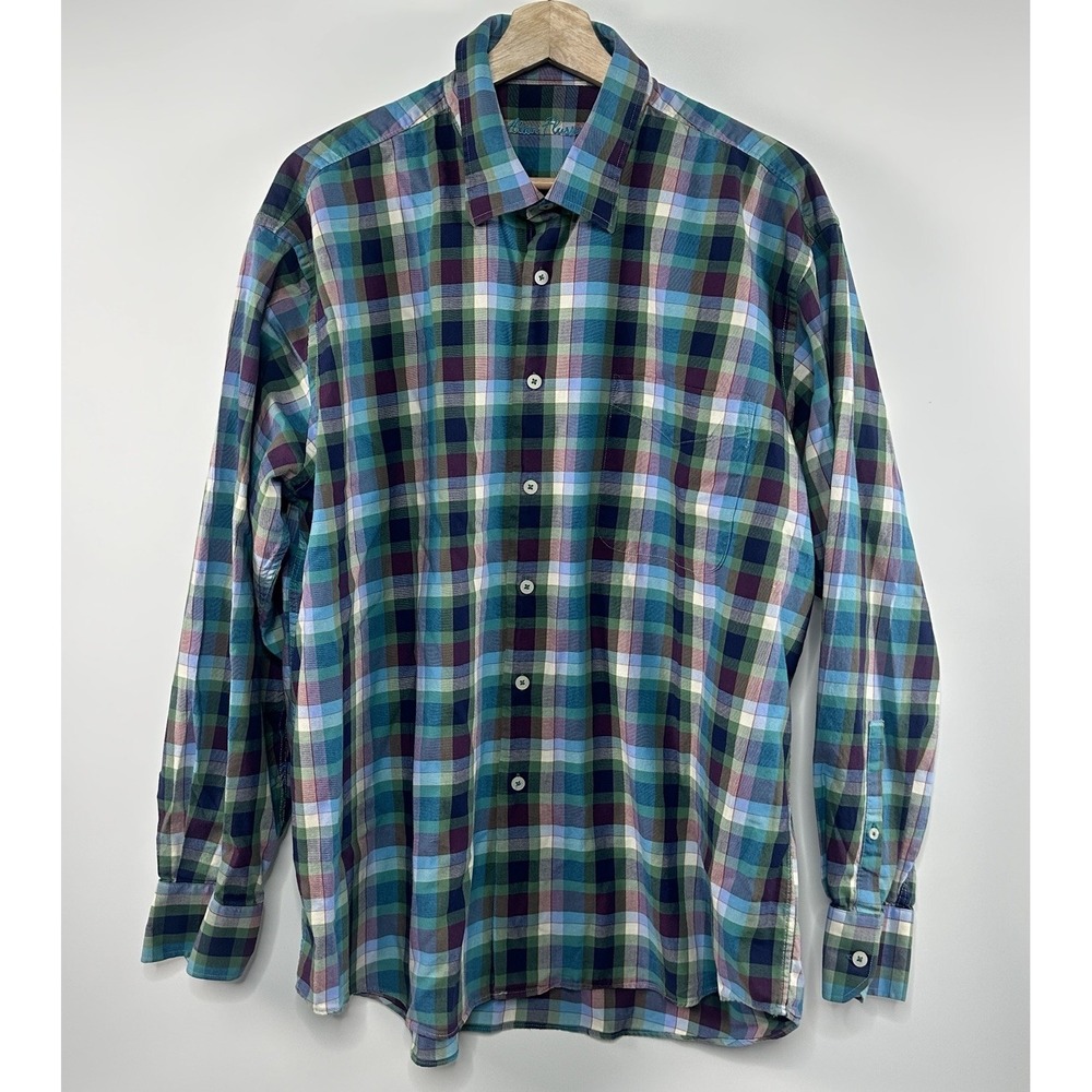 Alan Flusser Mens XL Classic Spring Check Button Down Shirt 100% Cotton LS Multi